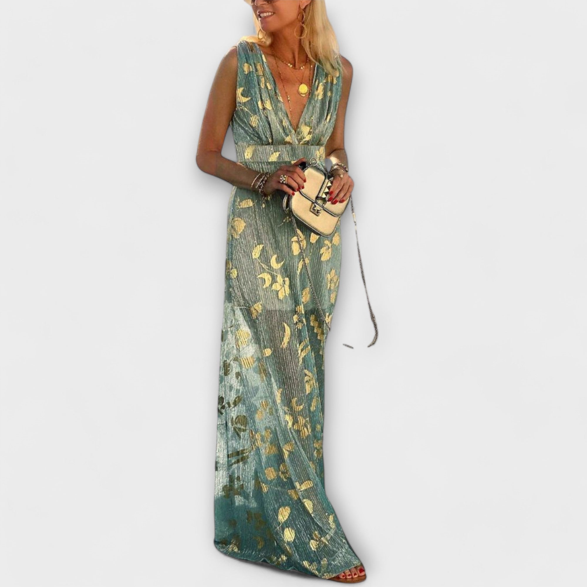 Flowing Dress with V-Neck and Sequin Details