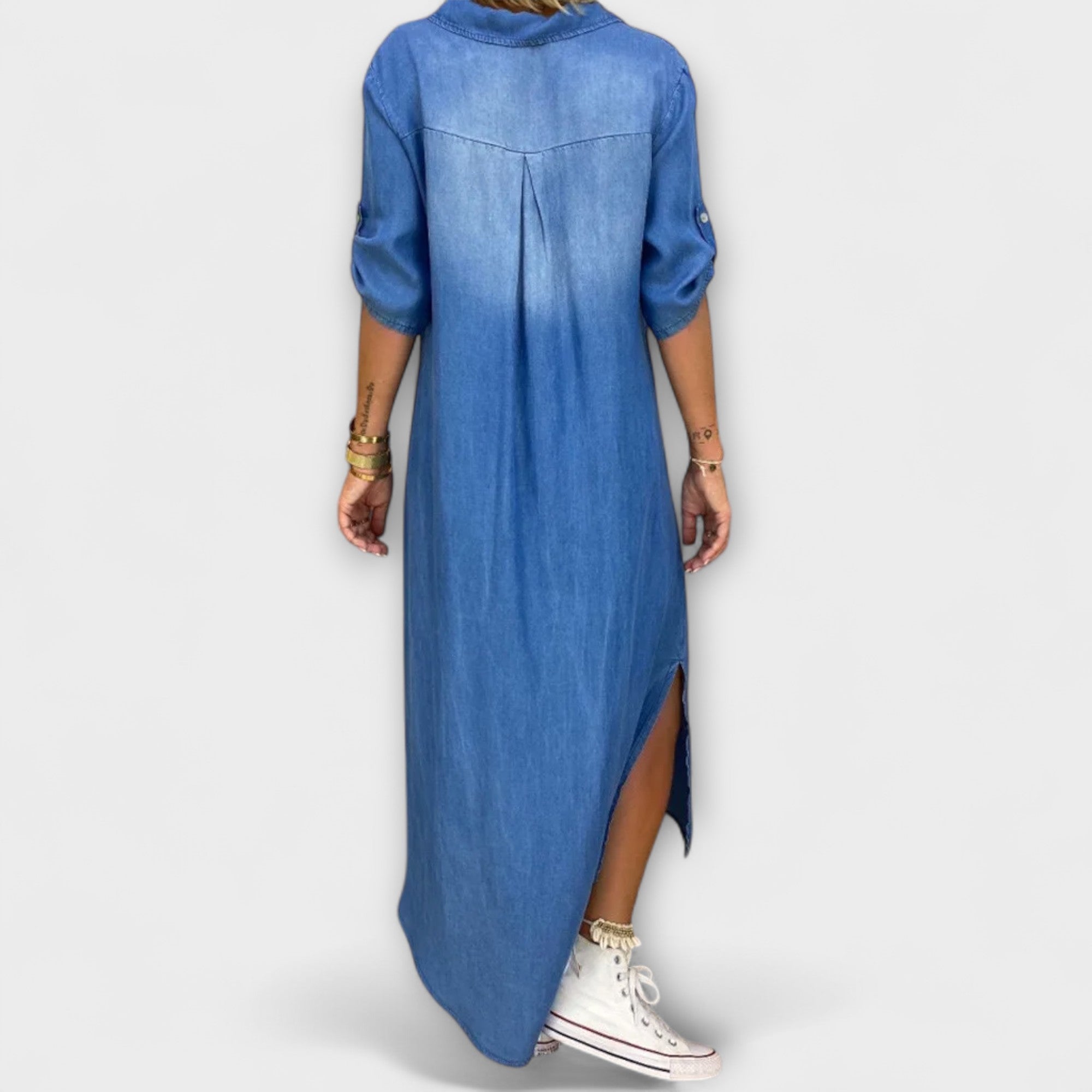 Lea - Long Denim-Look Dress with Side Slit