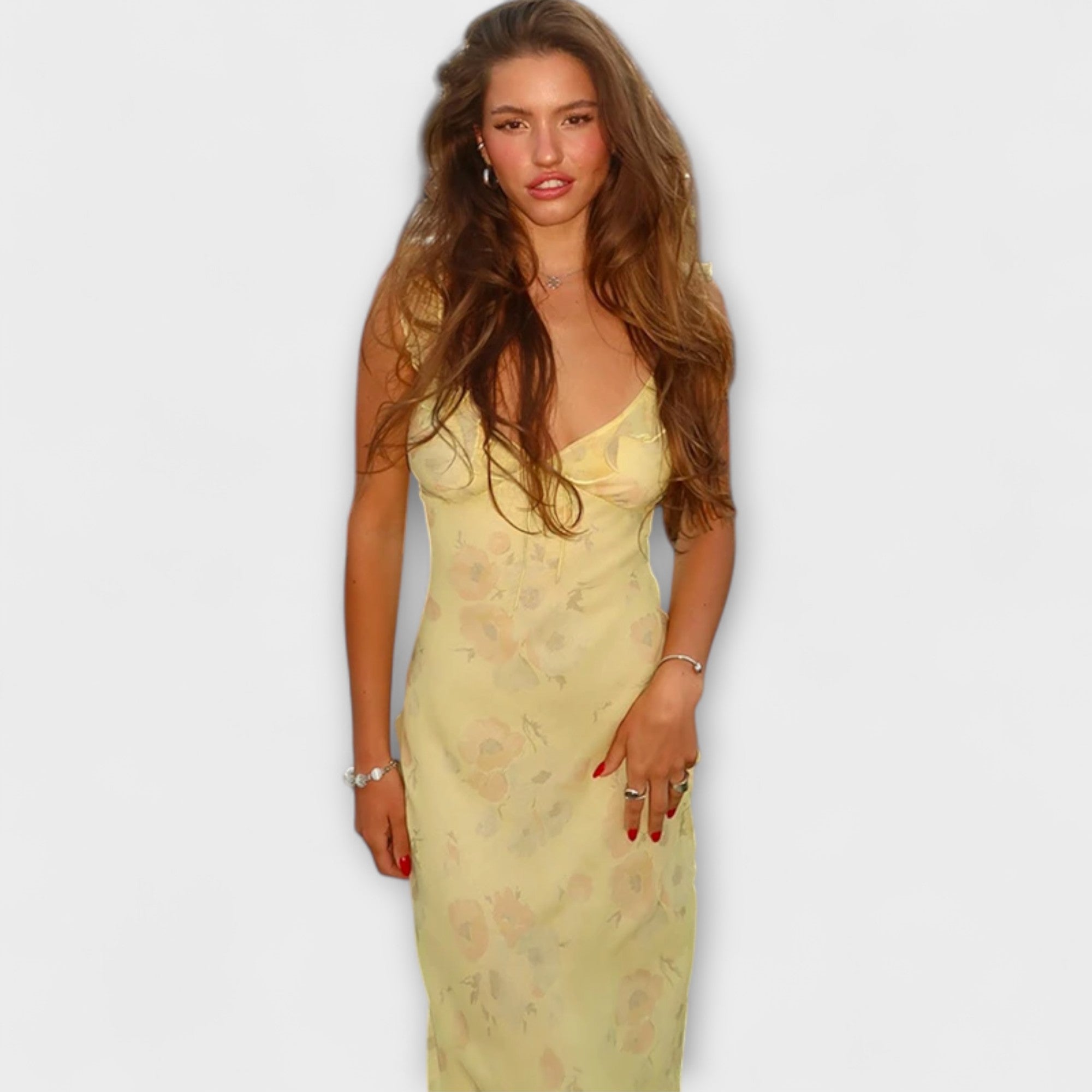 Cryptographic Floral Pattern Plunge Maxi Dress