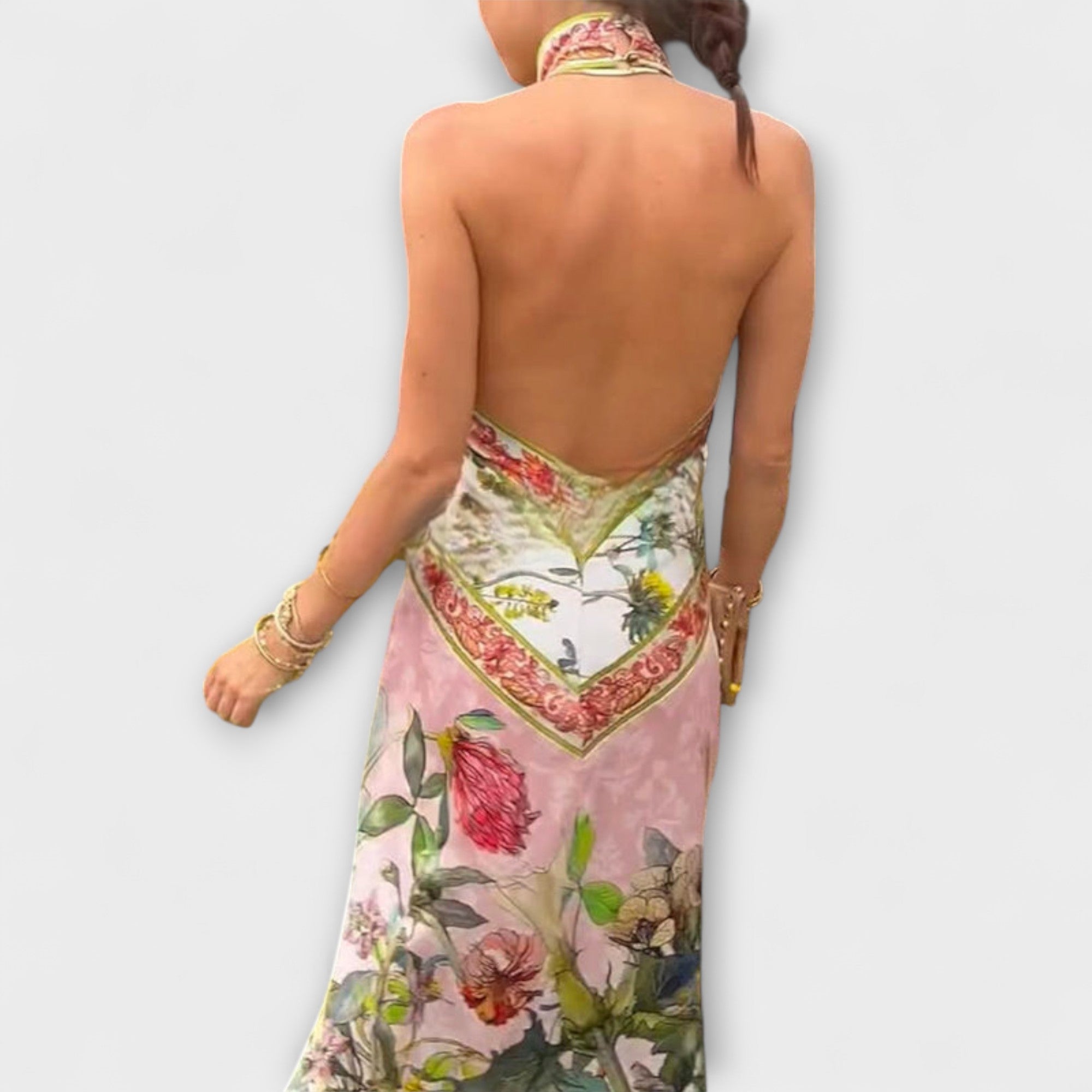 Ayla - Sleeveless Maxi Dress with Floral Pattern and Open Back