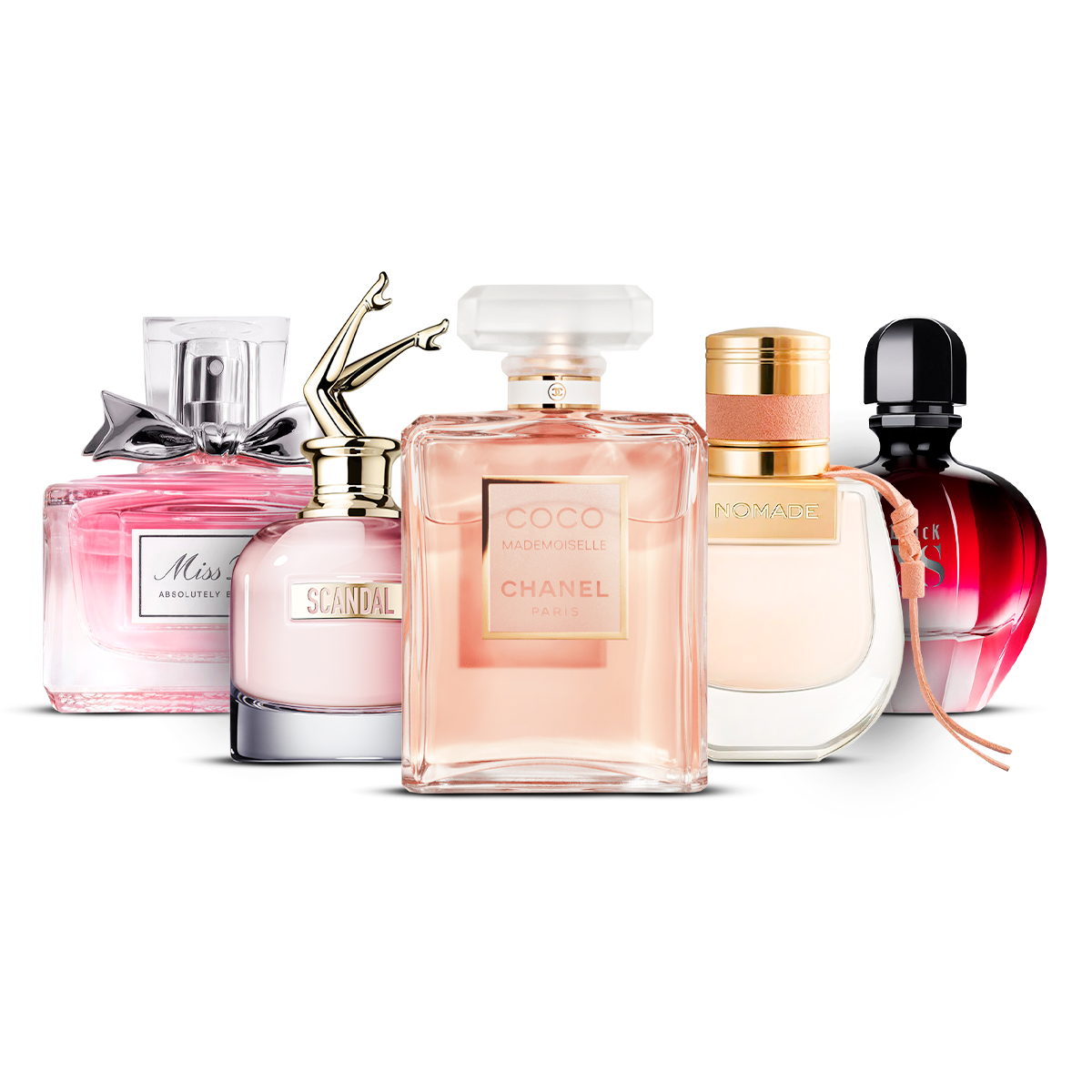 Combination of 5 Women's Perfumes - Miss Dior Absolutely Blooming, Scandal, Coco Mademoiselle, Nomade, and Black XS [each 100 ml]
