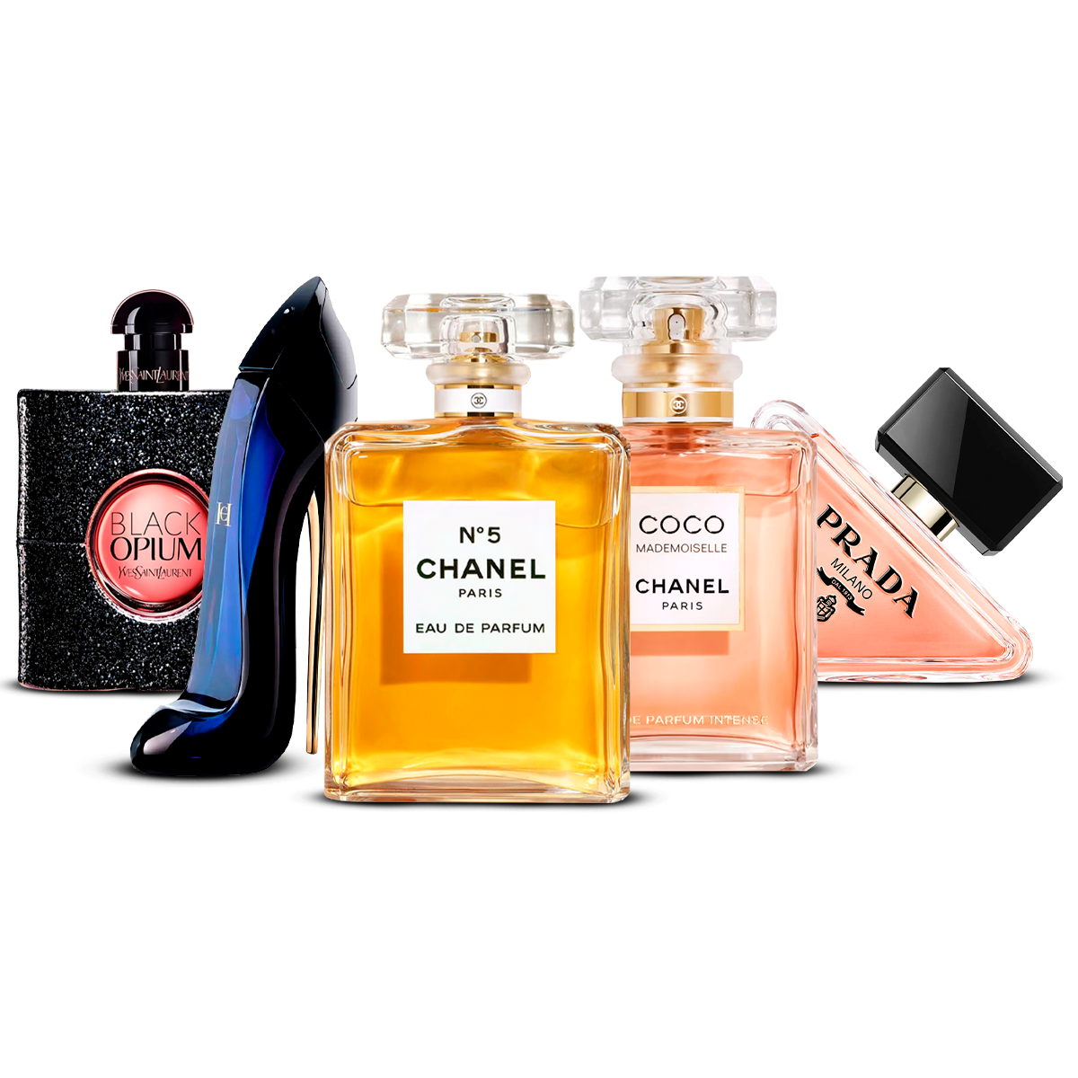 Combination of 5 Women's Perfumes – Black Opium, Good Girl, Chanel N°5, Coco Mademoiselle, and Prada Paradoxe [100 ml each]