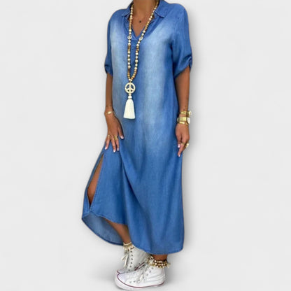 Lea - Long Denim-Look Dress with Side Slit