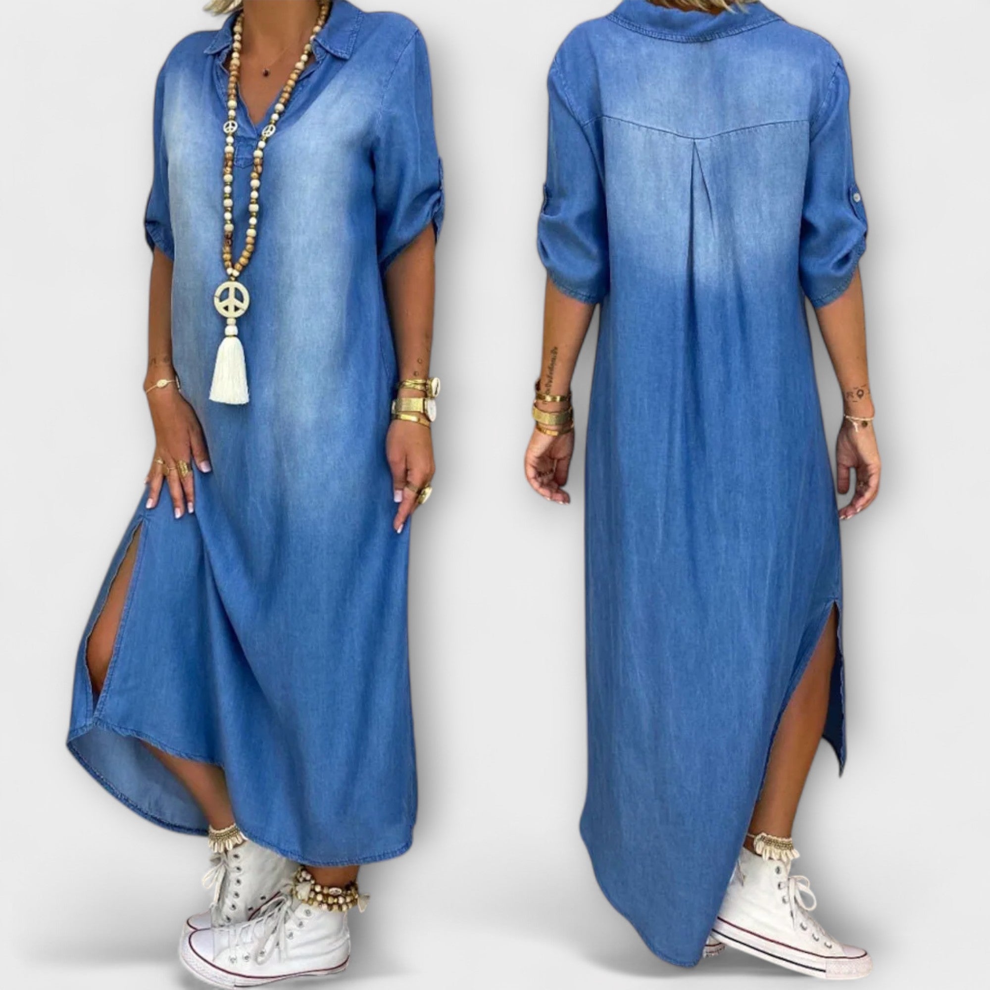 Lea - Long Denim-Look Dress with Side Slit