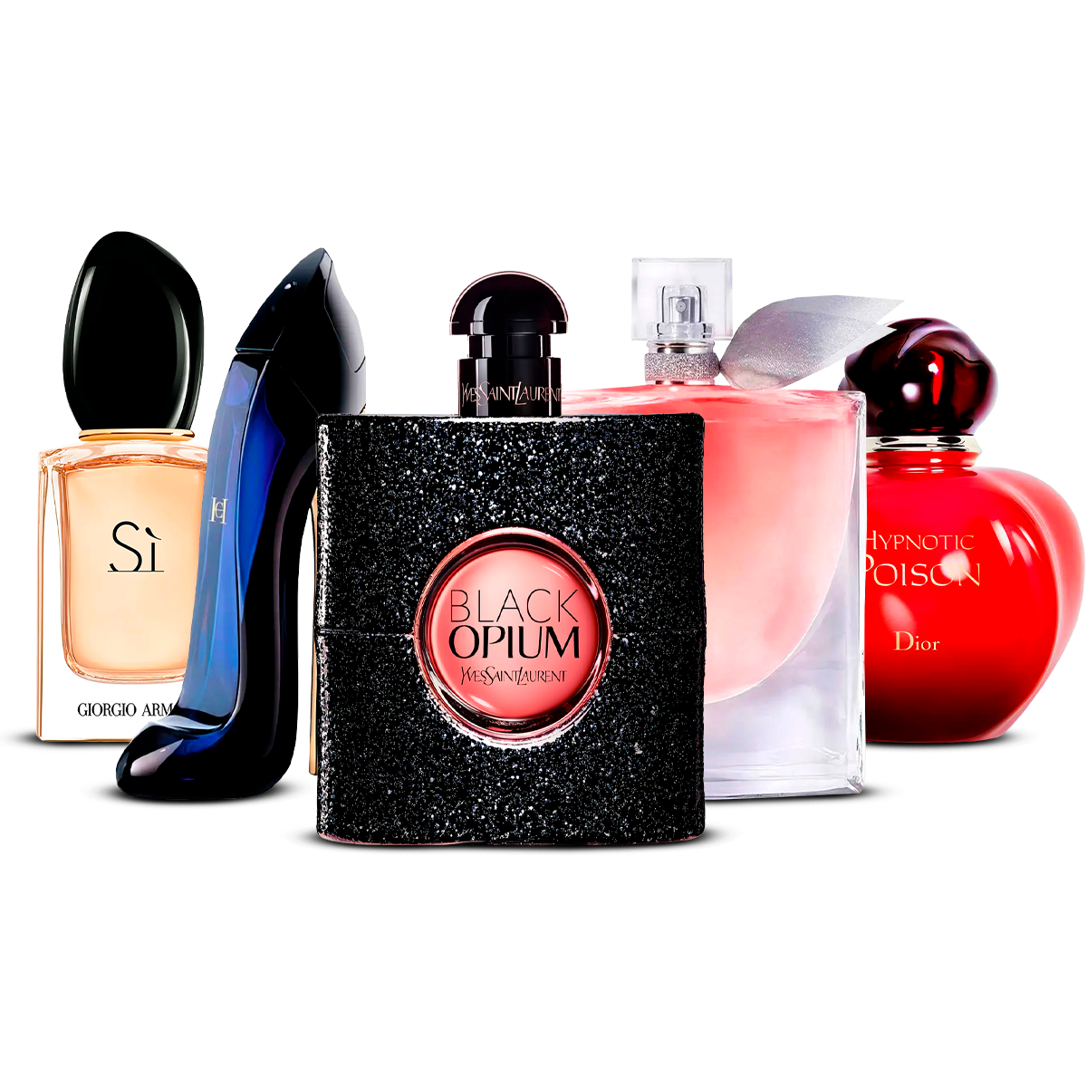 Combination of 5 Women's Fragrances – Sì, Good Girl, Black Opium, La Vie Est Belle, and Hypnotic Poison [100 ml each]