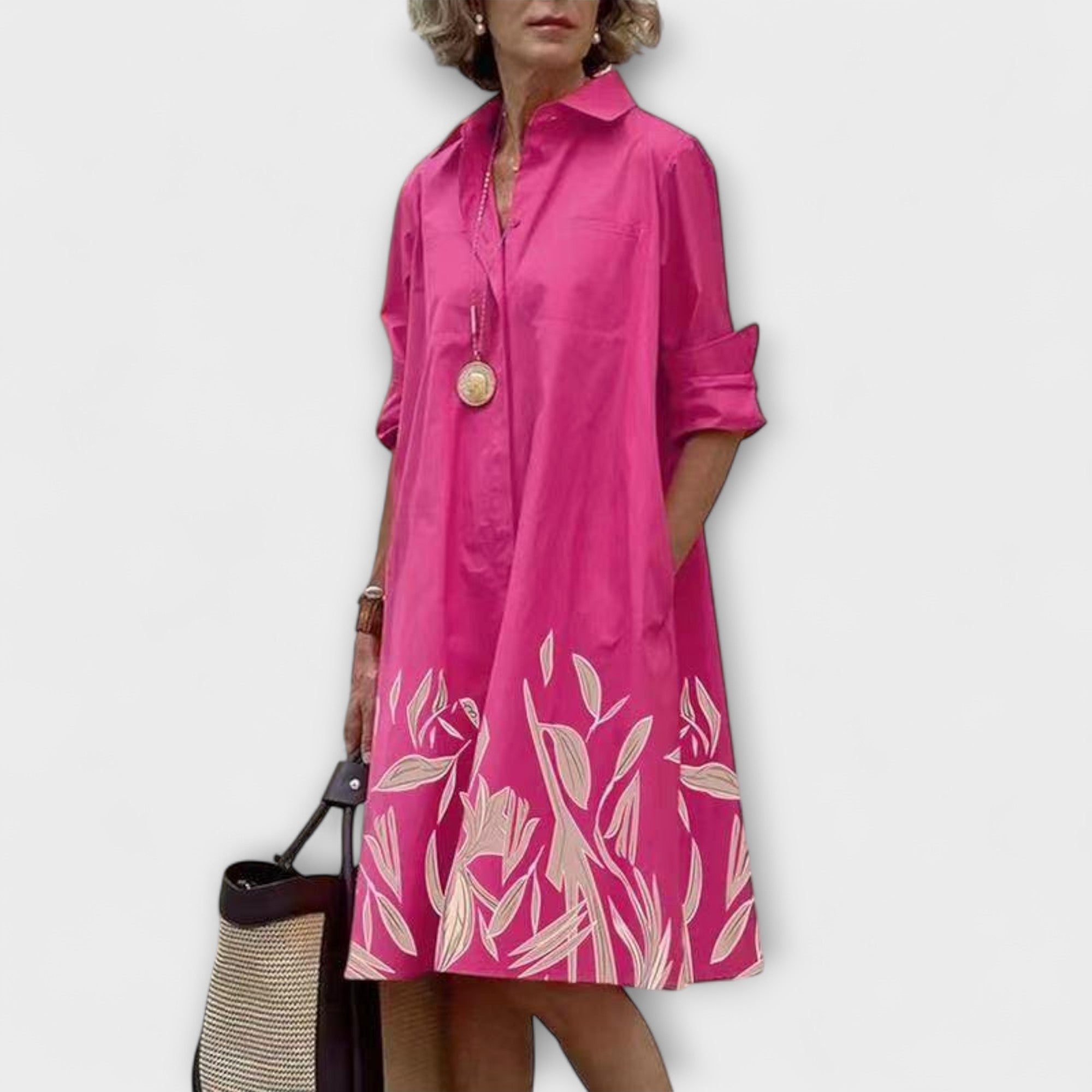 Modern Shirt Dress with Collar and Three-Quarter Sleeves