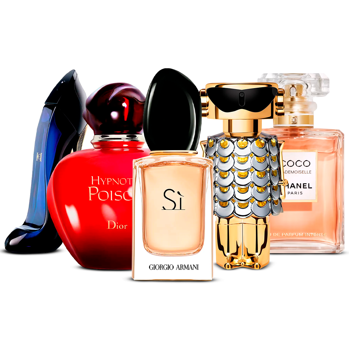 Combination of 5 Women's Perfumes – Good Girl, Hypnotic Poison, Sì, Fame, and Coco Mademoiselle [each 100 ml]