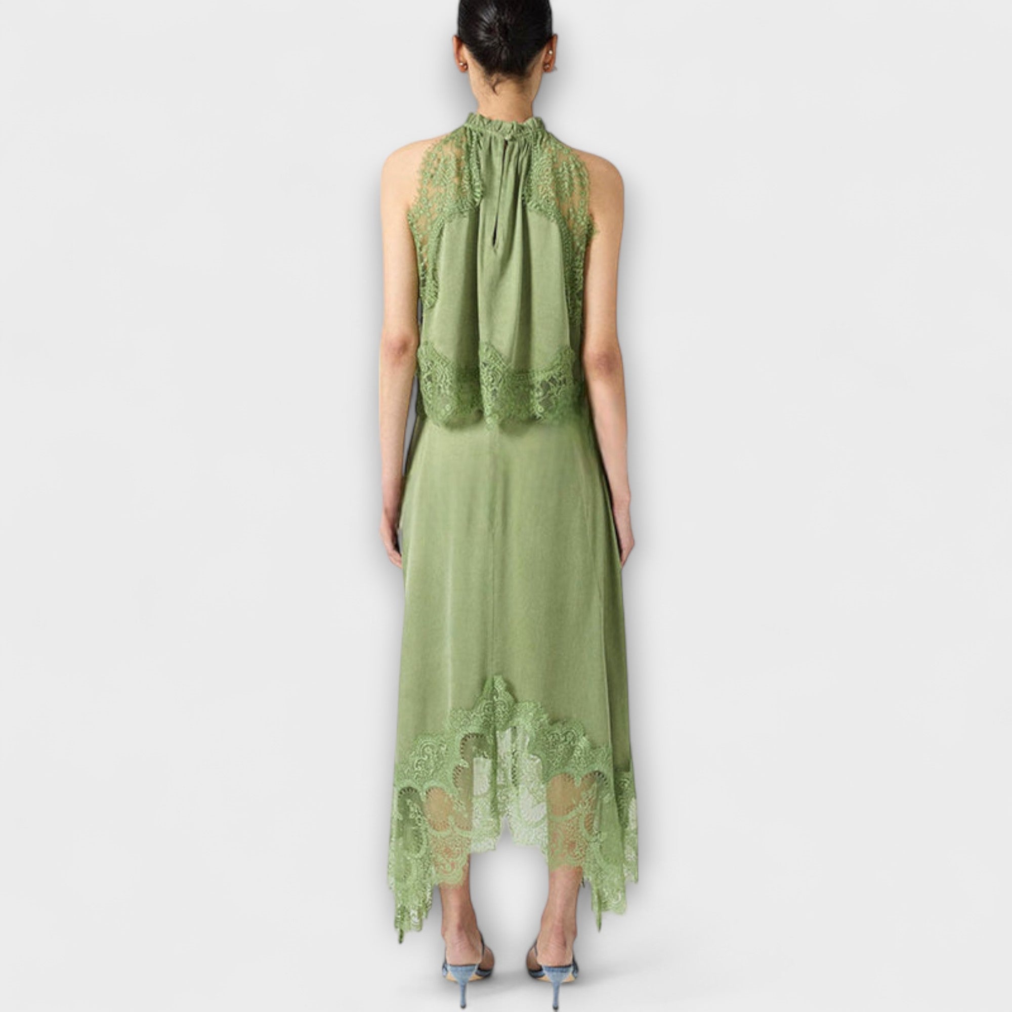 Kaia - Satin Blouse with Lace Trim and Pleated Neckline Set